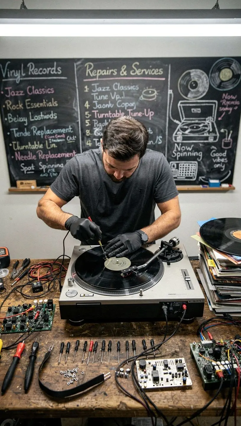 Turntable belt replacement demonstration in workshop setting.