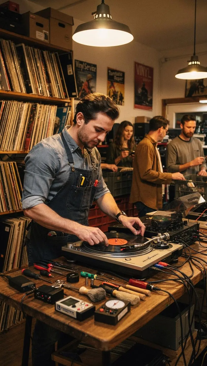 Diagram of vinyl turntable components for repair insights.